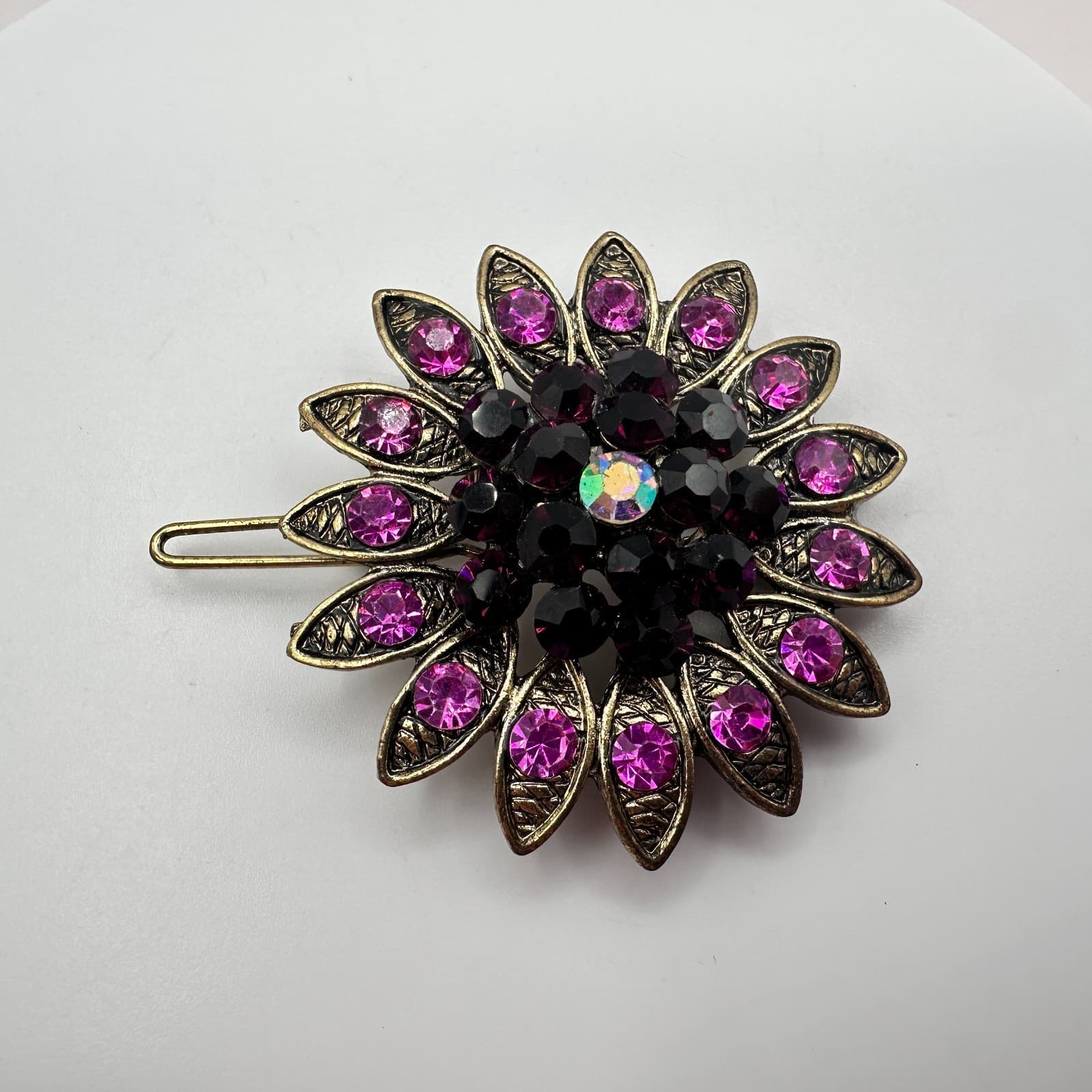 Vintage 80s Pink Rhinestone Flower Brooch Gold Tone Sunflower Pin Retro Jewelry - Thumbnail 2