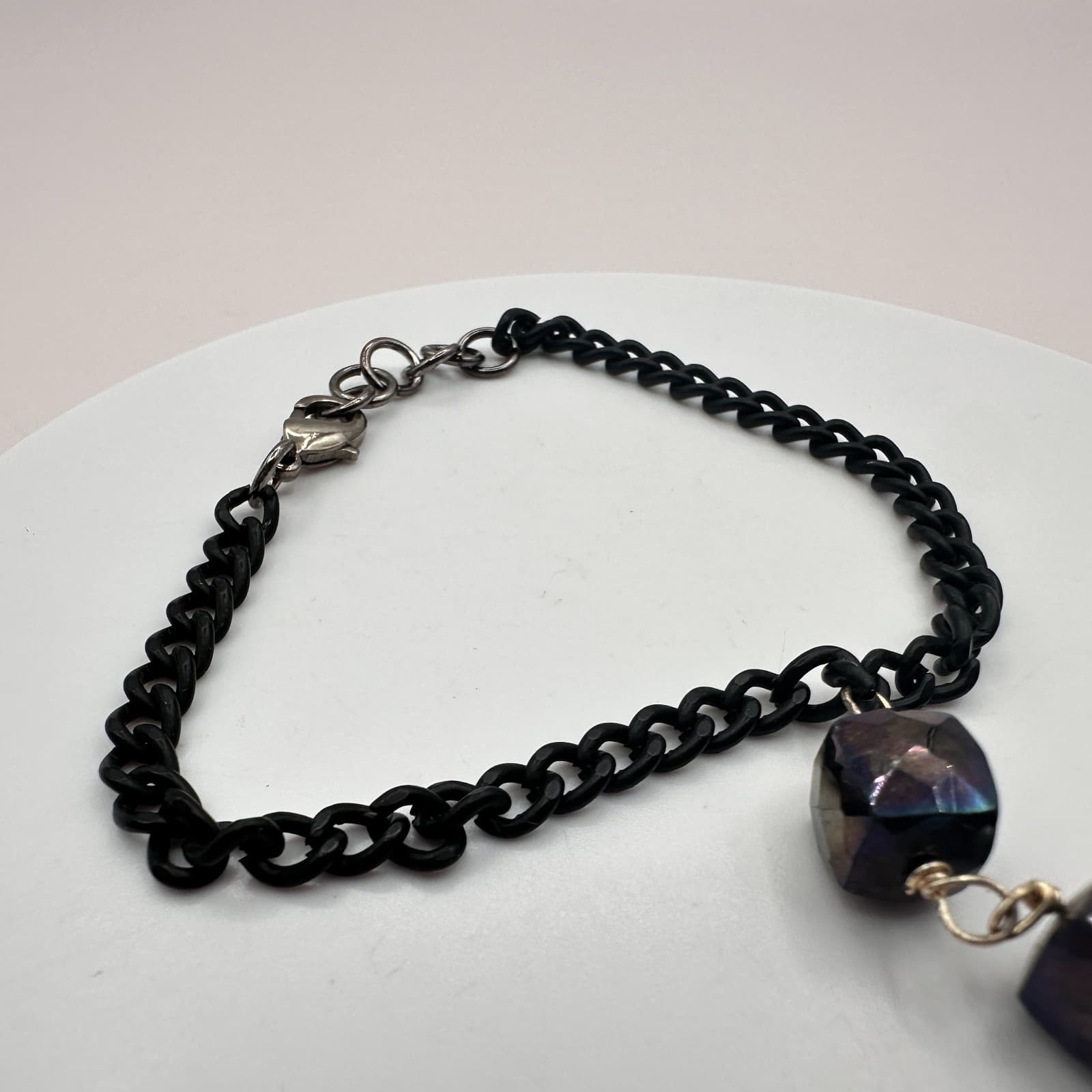 Vintage Y2K Iridescent Purple Glass Cube Black Chain Slave Bracelet Goth Jewelry - Thumbnail 4