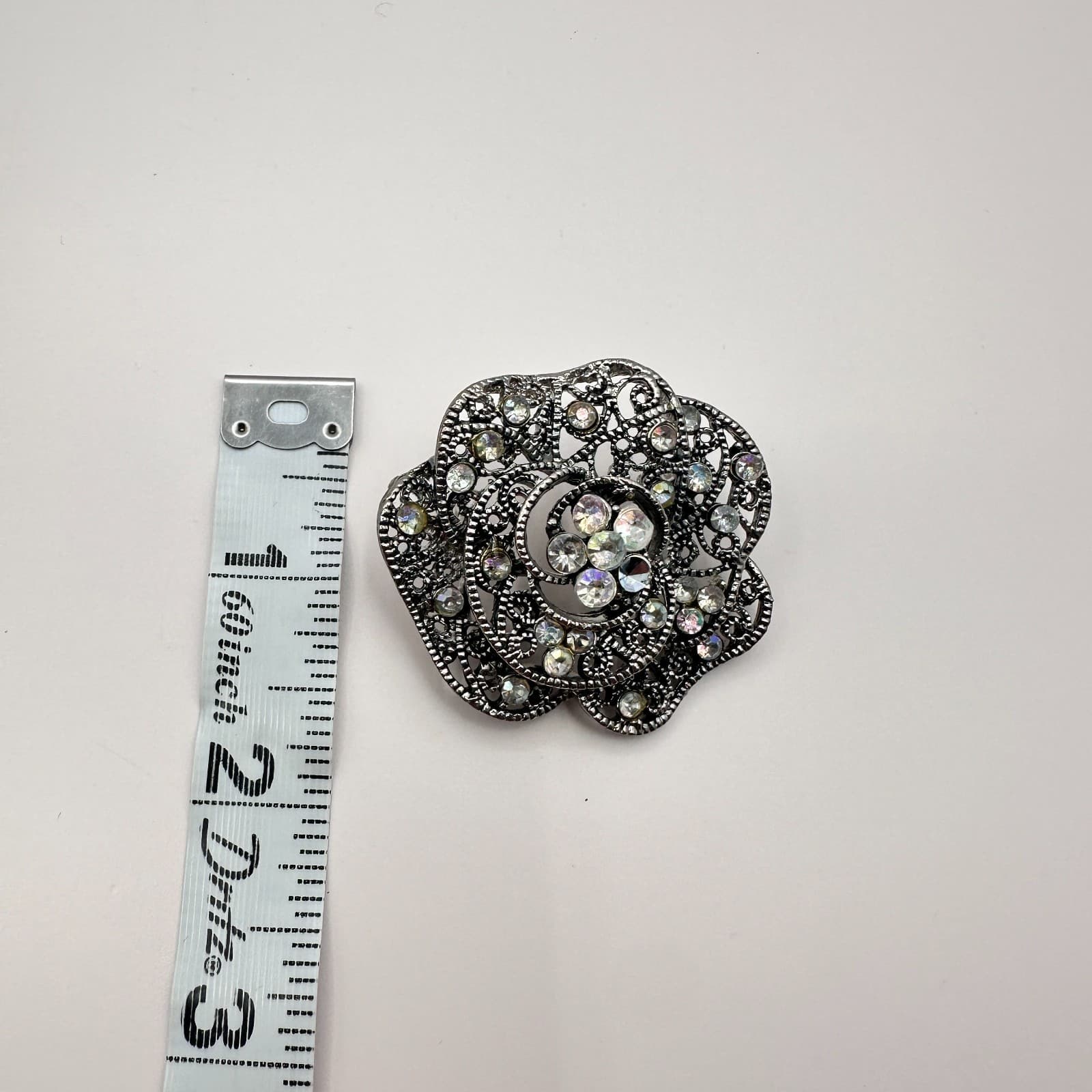 Vintage 90s Flower Brooch Pendant Iridescent Rhinestone Silver Tone Pin Jewelry - Thumbnail 6