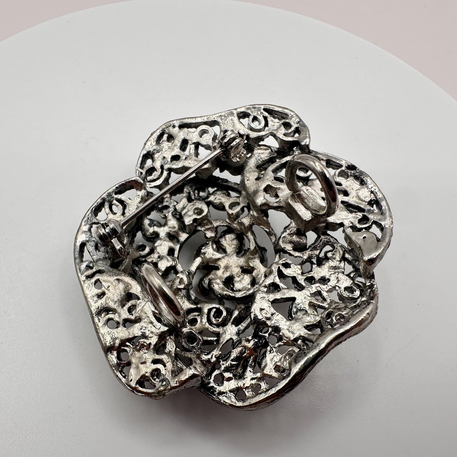 Vintage 90s Flower Brooch Pendant Iridescent Rhinestone Silver Tone Pin Jewelry - Thumbnail 5