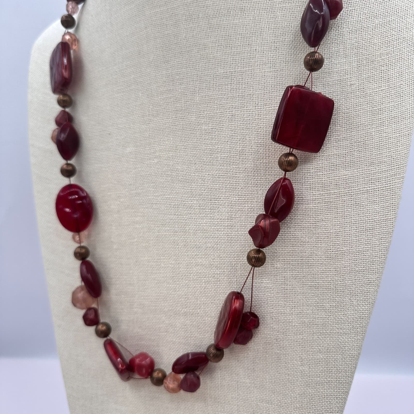 Vintage 90s Red Burgundy Beaded Necklace Boho Classic Women's Fashion Jewelry - Thumbnail 6