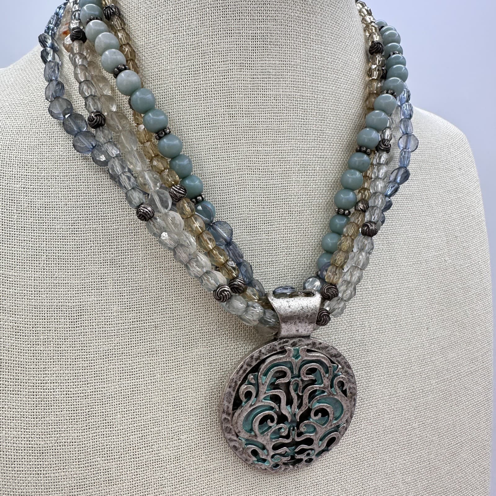 Vintage 90s Avenue Multi-Strand Glass Bead Statement Necklace Silver Tone Boho - Thumbnail 5
