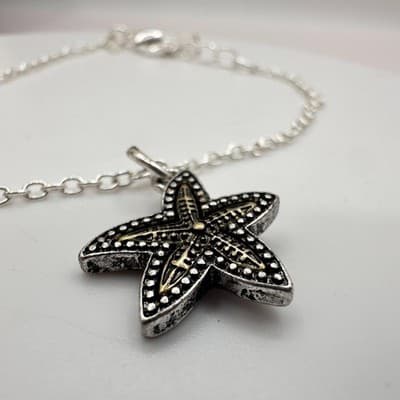 Vintage 90s Silver Tone Starfish Necklace Earrings Bracelet Set Beach Coastal - Thumbnail 13