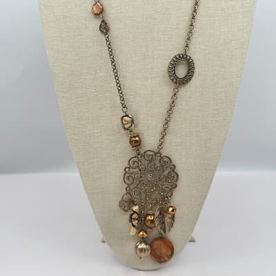 Vintage 90s Gold Tone Filigree Statement Necklace Glass Bead Charm Boho Jewelry - Thumbnail 4