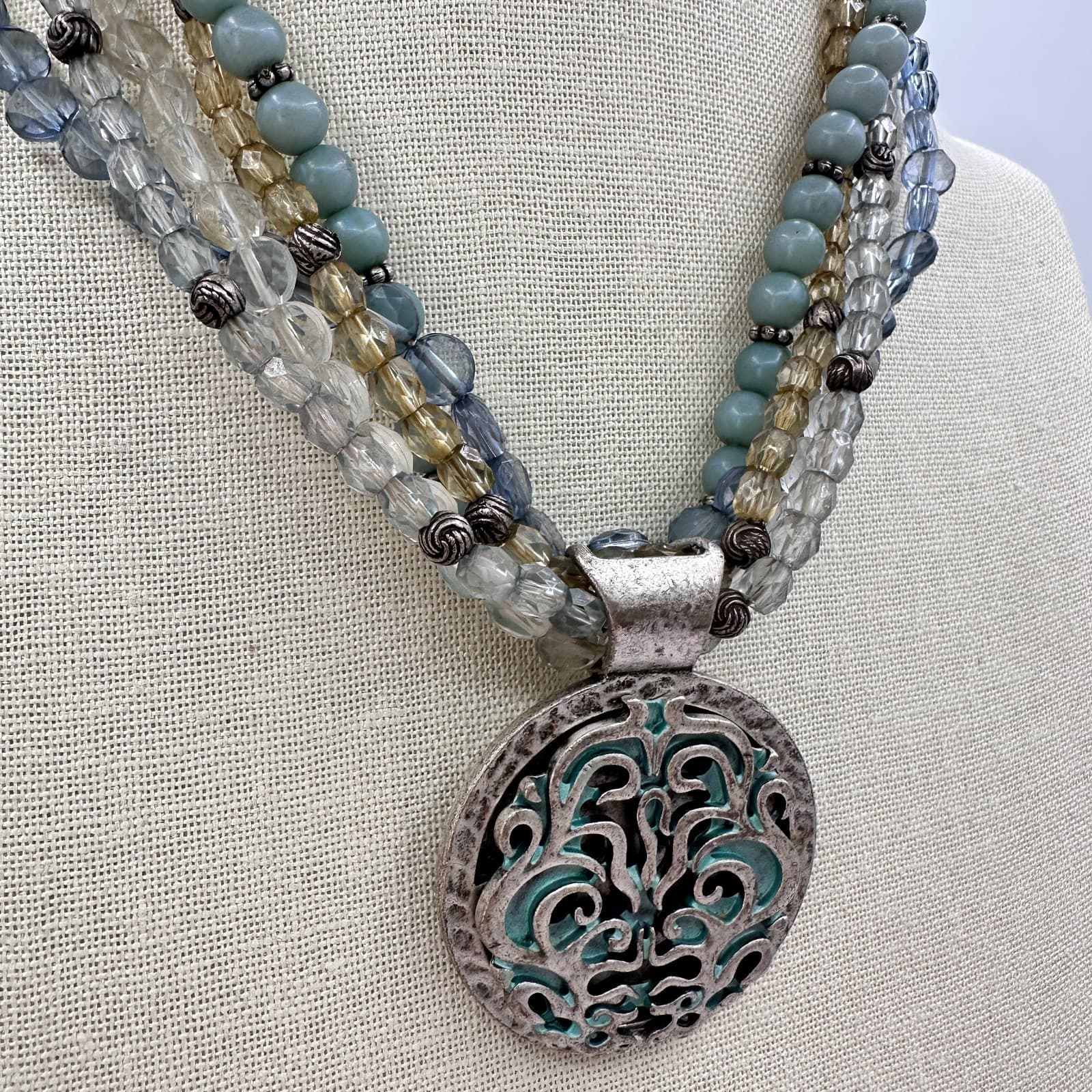 Vintage 90s Avenue Multi-Strand Glass Bead Statement Necklace Silver Tone Boho - Thumbnail 4