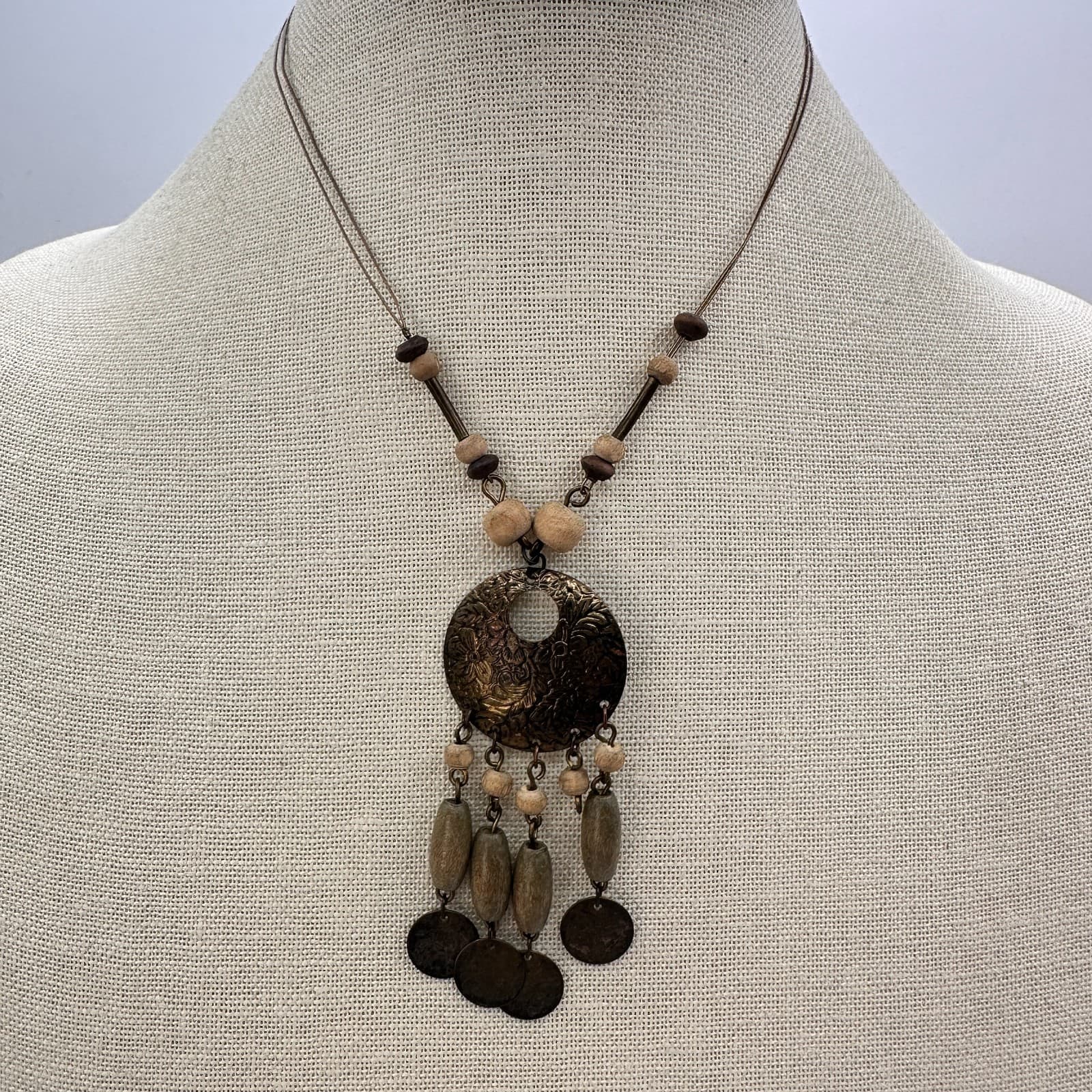 Vintage 90s Wood Bead Tassel Pendant Bronze Tone Necklace Earthy Boho Jewelry - Thumbnail 2