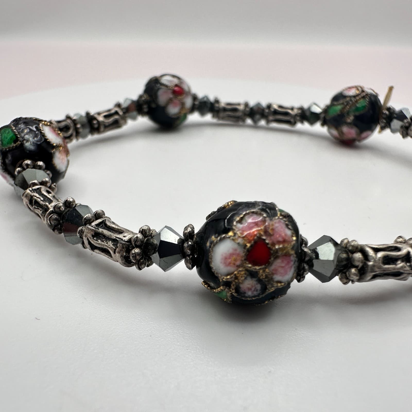 Vintage 80s Cloisonne Beaded Bracelet Black Floral Enamel Haematit Retro Jewelry - Thumbnail 3