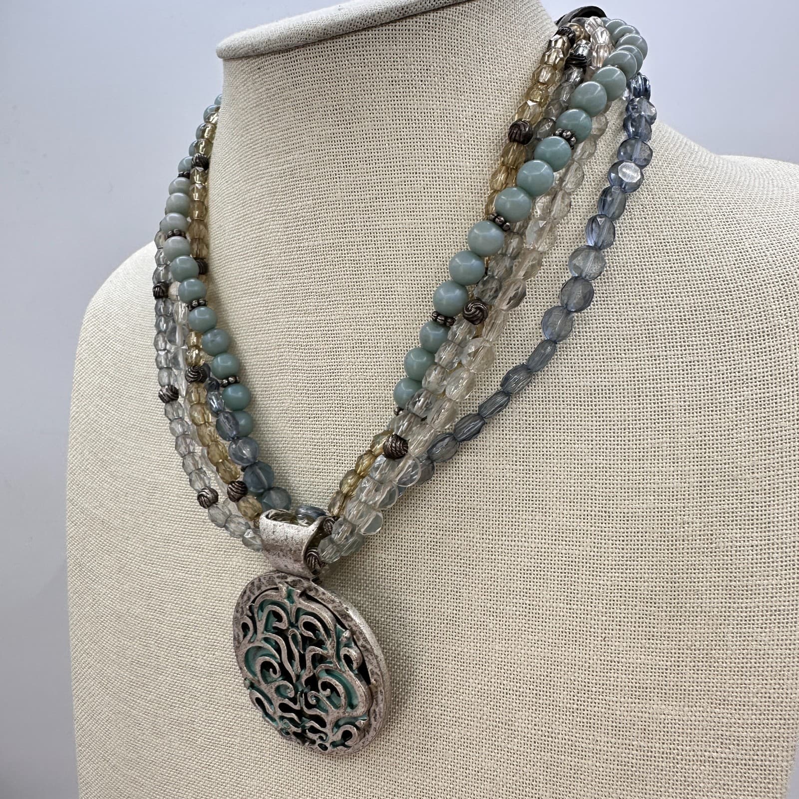 Vintage 90s Avenue Multi-Strand Glass Bead Statement Necklace Silver Tone Boho - Thumbnail 7