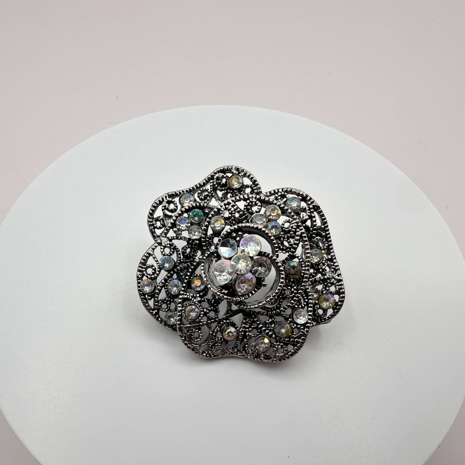 Vintage 90s Flower Brooch Pendant Iridescent Rhinestone Silver Tone Pin Jewelry - Thumbnail 2