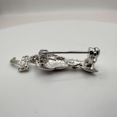 Vintage 90s Silver Tone Sitting Cat Brooch Pin Clear Glass Bow Accent Jewelry - Thumbnail 6