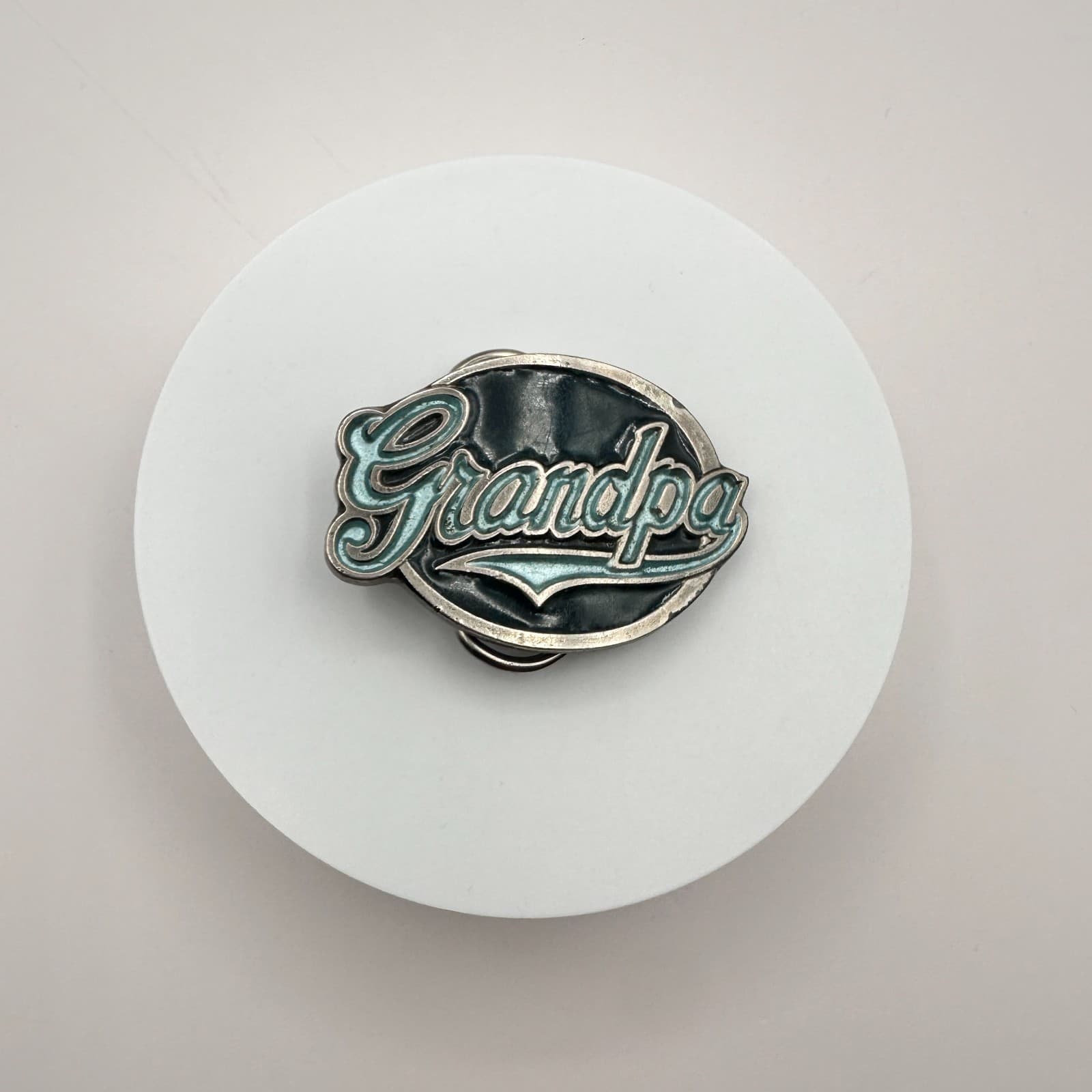 Vintage 80s Belt Buckle Silver Tone Pewter Blue Enamel American Retro Jewelry - Thumbnail 2