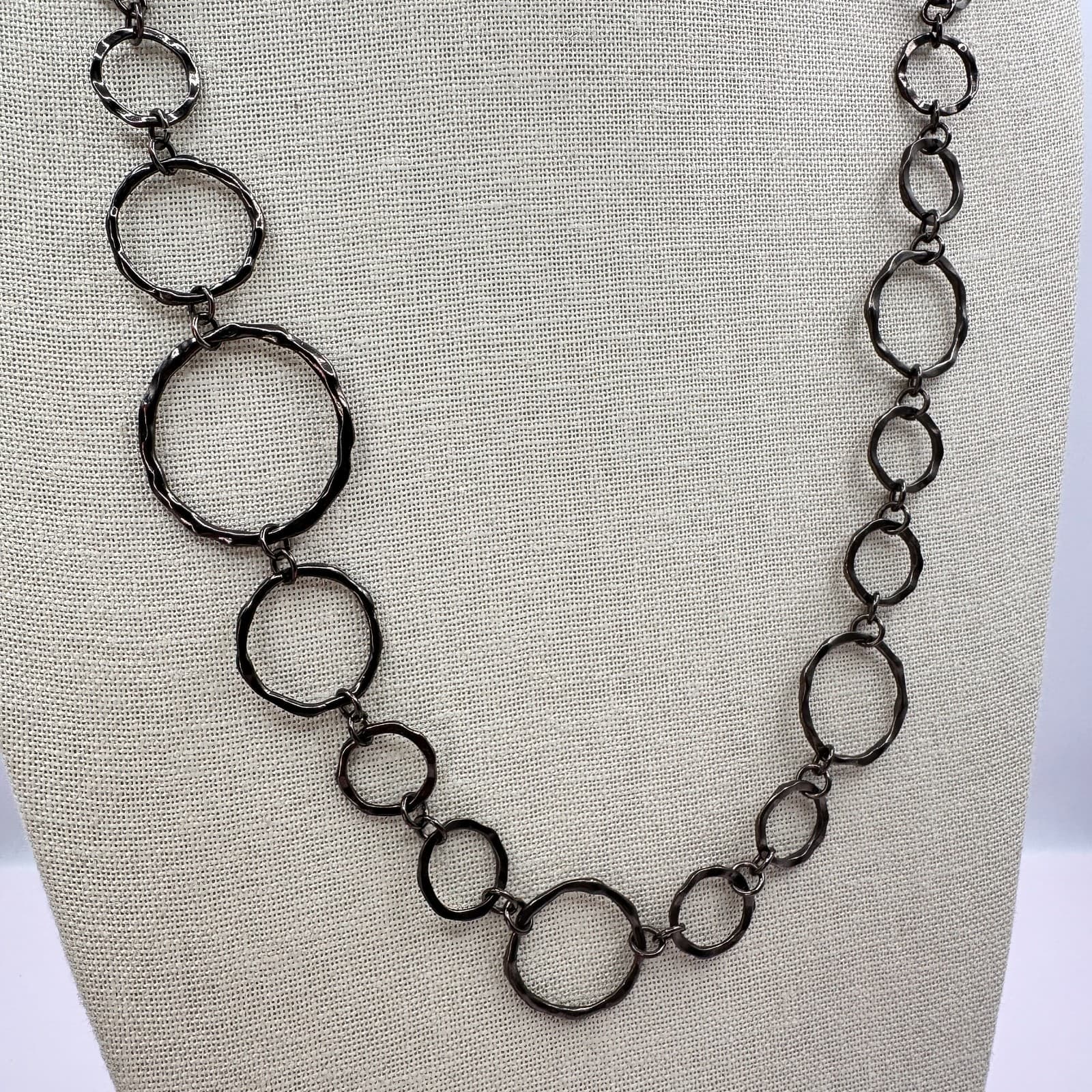 Vintage 90s Gunmetal Gray Hammered Multi Circle Link Statement Necklace Boho - Thumbnail 5