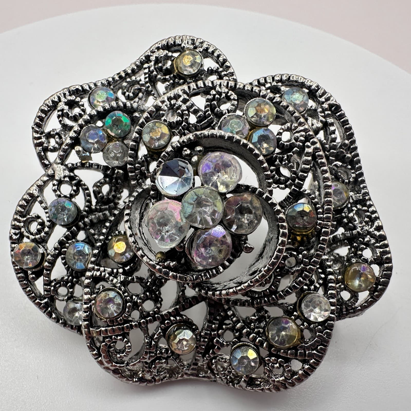 Vintage 90s Flower Brooch Pendant Iridescent Rhinestone Silver Tone Pin Jewelry - Thumbnail 3
