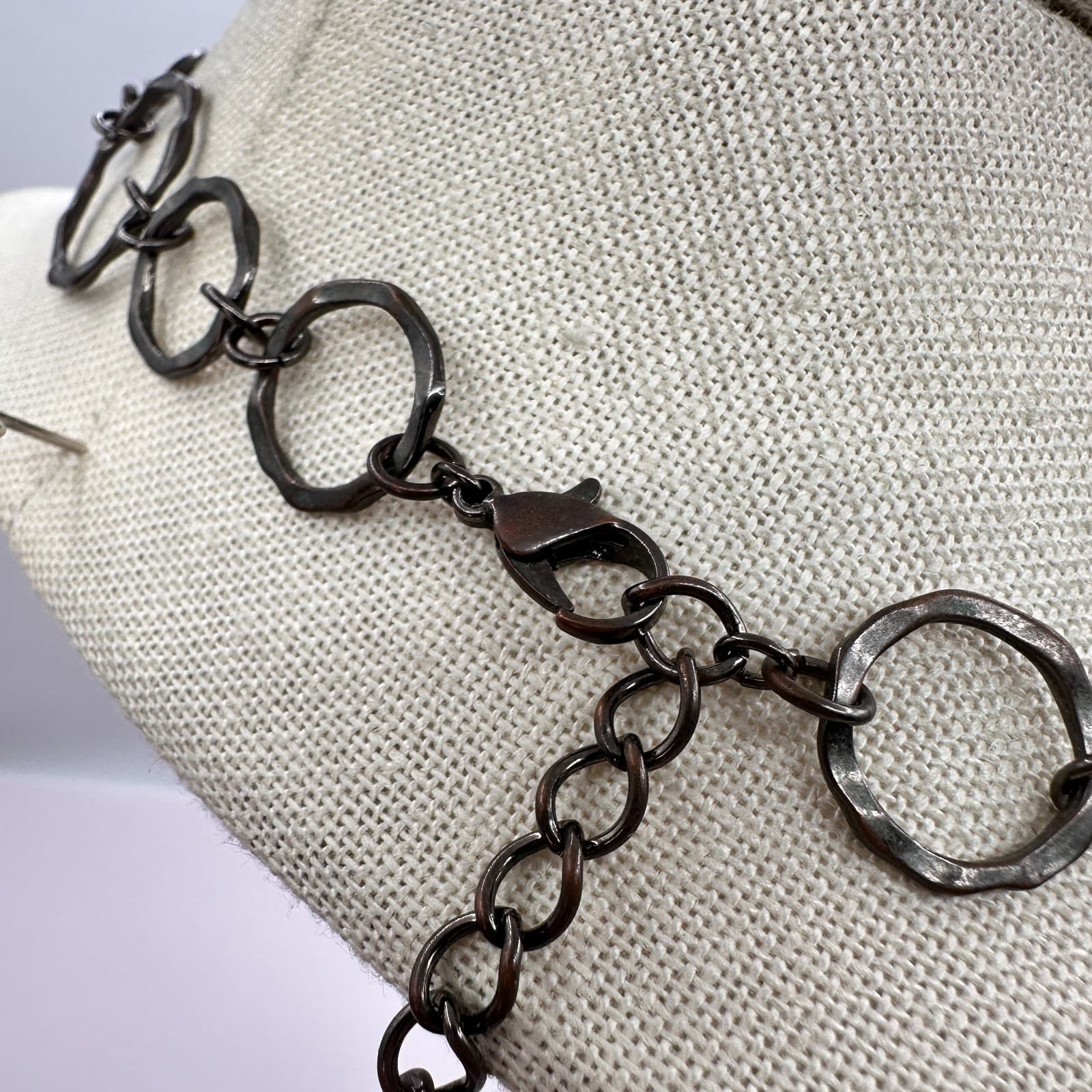 Vintage 90s Gunmetal Gray Hammered Multi Circle Link Statement Necklace Boho - Thumbnail 8