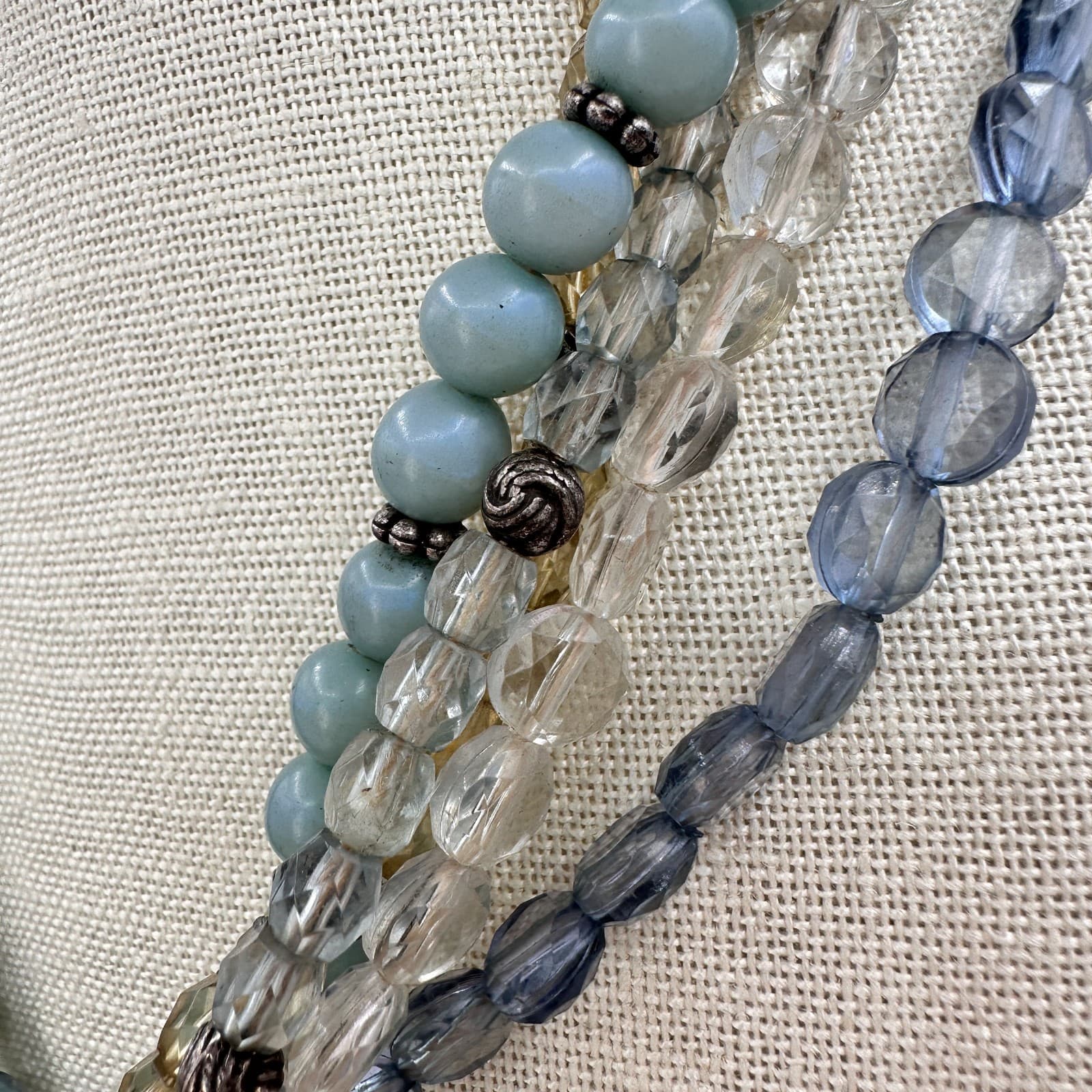 Vintage 90s Avenue Multi-Strand Glass Bead Statement Necklace Silver Tone Boho - Thumbnail 8