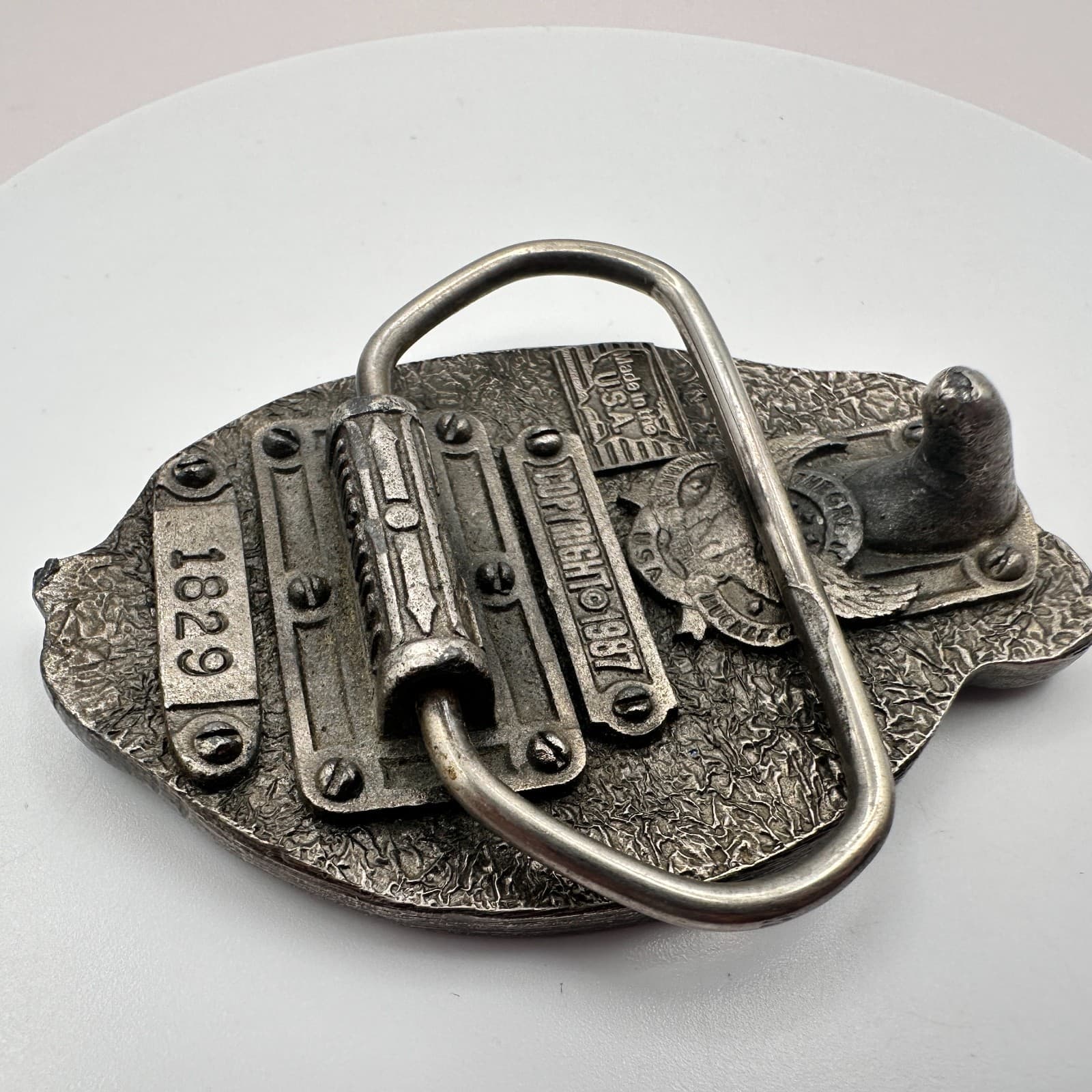 Vintage 80s Belt Buckle Silver Tone Pewter Blue Enamel American Retro Jewelry - Thumbnail 3