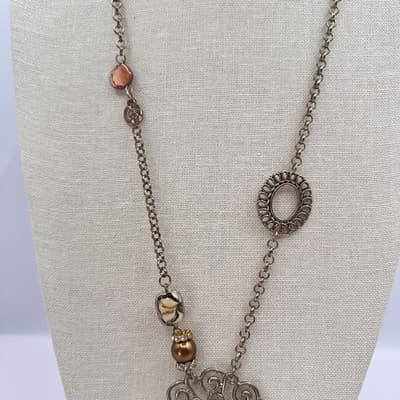 Vintage 90s Gold Tone Filigree Statement Necklace Glass Bead Charm Boho Jewelry - Thumbnail 5