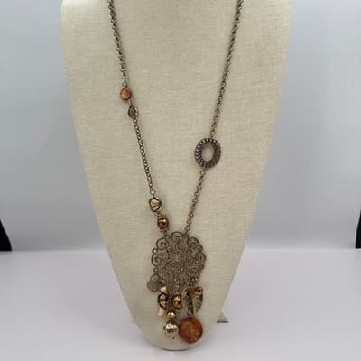 Vintage 90s Gold Tone Filigree Statement Necklace Glass Bead Charm Boho Jewelry - Thumbnail 6