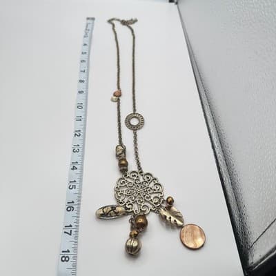 Vintage 90s Gold Tone Filigree Statement Necklace Glass Bead Charm Boho Jewelry - Thumbnail 8