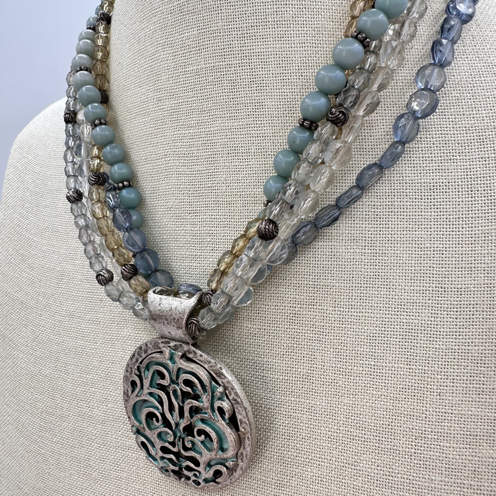 Vintage 90s Avenue Multi-Strand Glass Bead Statement Necklace Silver Tone Boho - Thumbnail 6