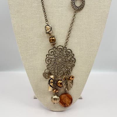 Vintage 90s Gold Tone Filigree Statement Necklace Glass Bead Charm Boho Jewelry - Thumbnail 3