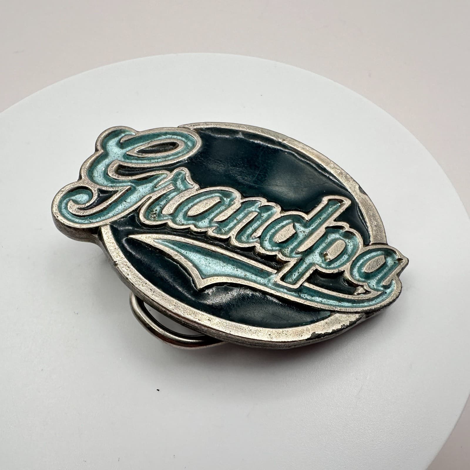 Vintage 80s Belt Buckle Silver Tone Pewter Blue Enamel American Retro Jewelry - Thumbnail 5