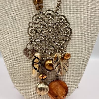 Vintage 90s Gold Tone Filigree Statement Necklace Glass Bead Charm Boho Jewelry - Thumbnail 2