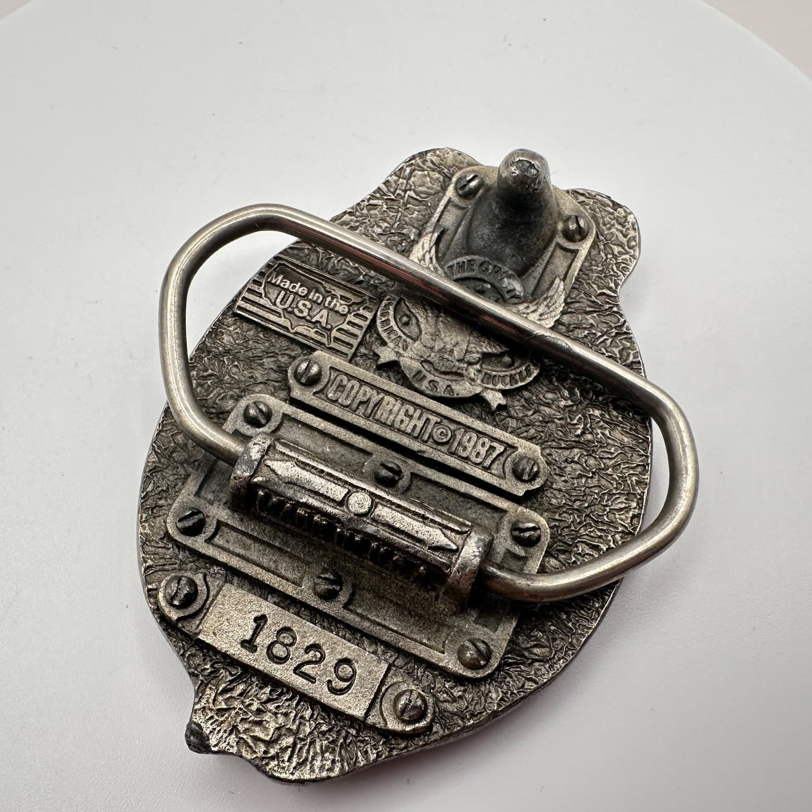 Vintage 80s Belt Buckle Silver Tone Pewter Blue Enamel American Retro Jewelry - Thumbnail 4