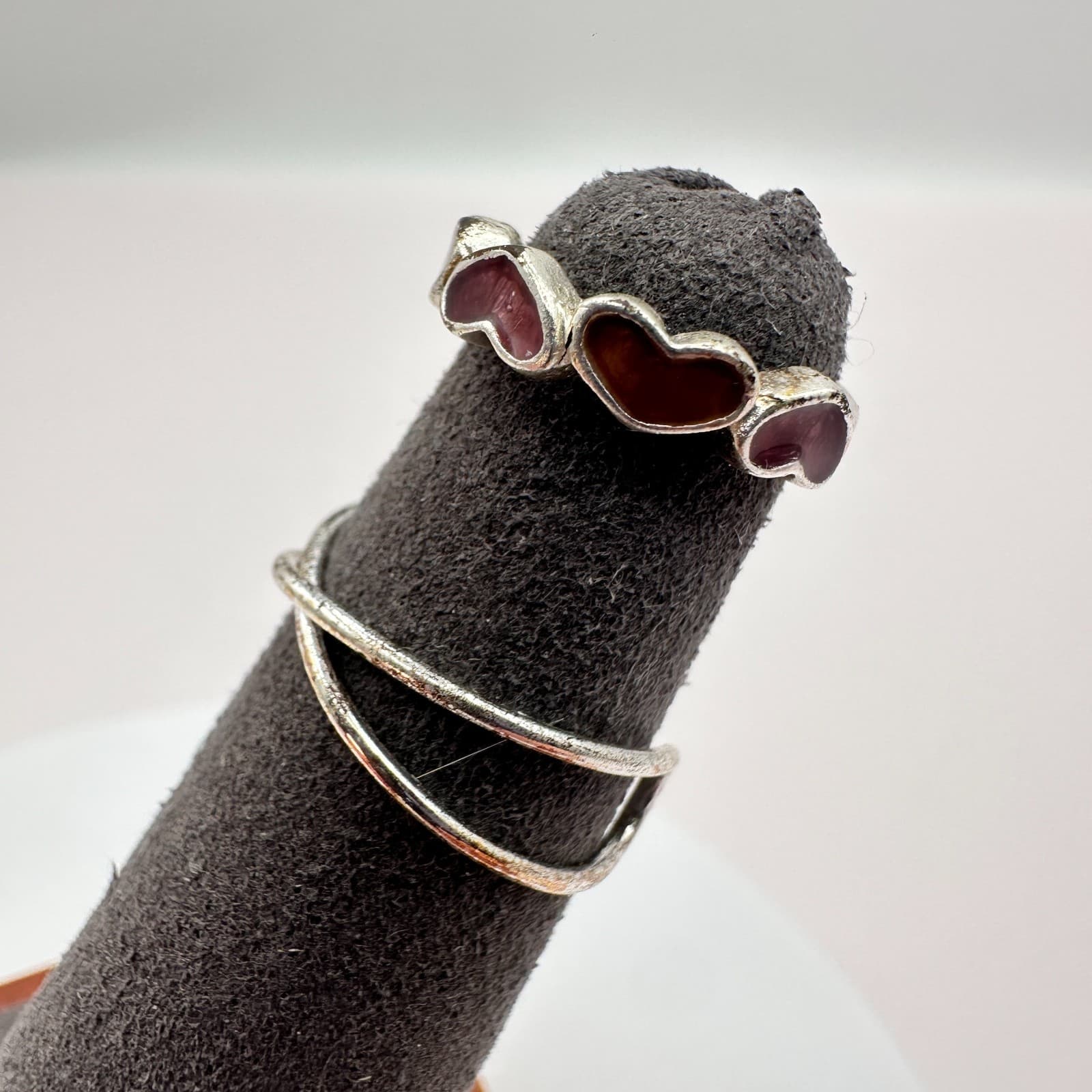Vintage 90s Silver Tone Red Enamel Heart Rings Set Boho Women's Fashion Jewelry - Thumbnail 3
