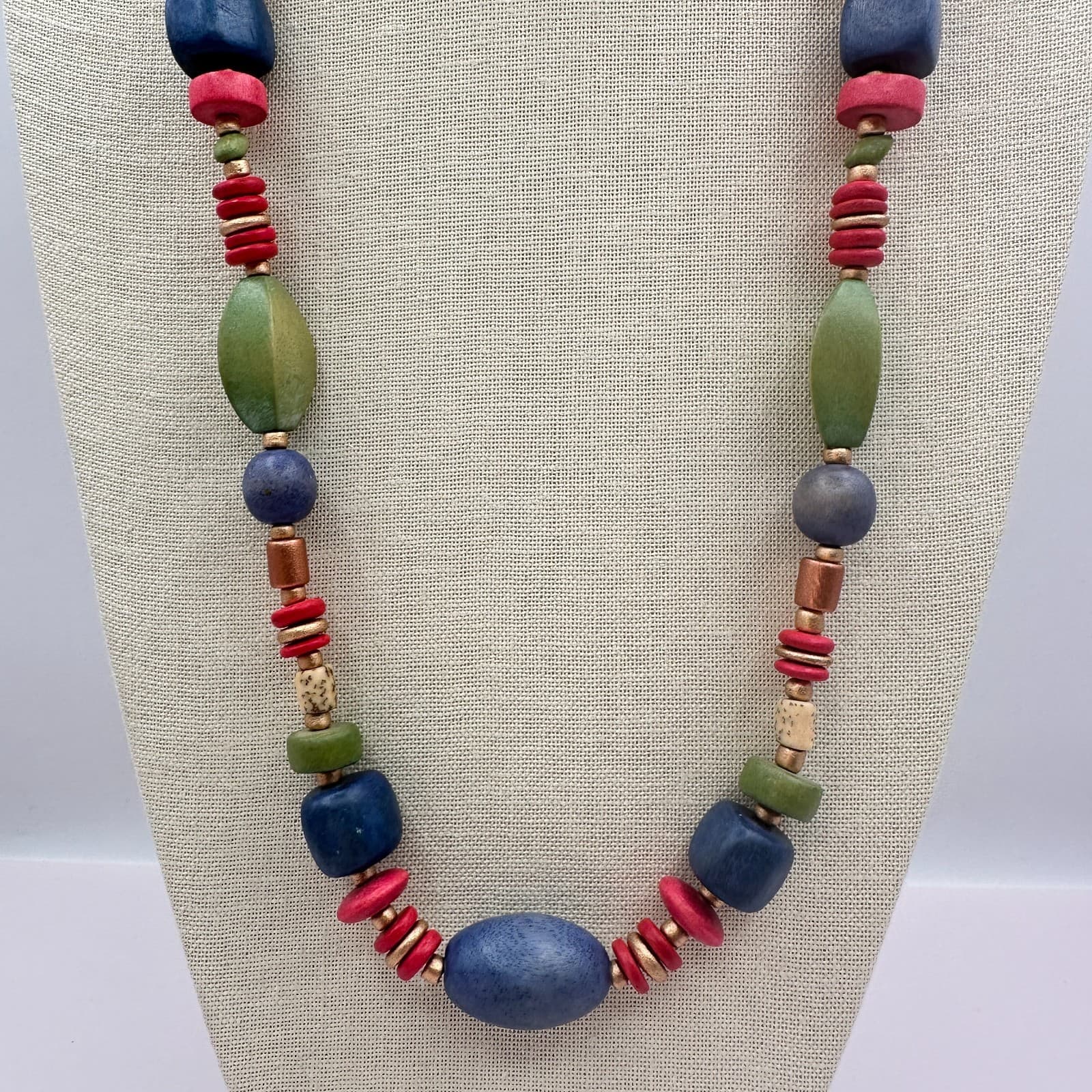 Vintage 90s Wooden Beaded Necklace Geometric Statement Women's Classic Jewelry - Thumbnail 6