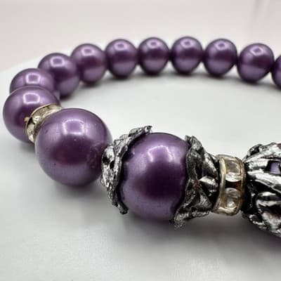 Vintage 90s Silver Tone Purple Faux Pearl Beaded Bracelet Women's Jewelry - Thumbnail 5