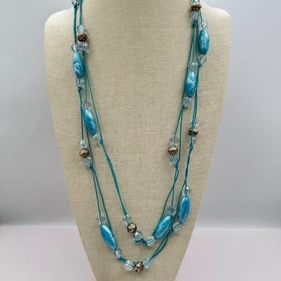 Vintage Y2K Teal Blue Beaded Necklace Boho Cord Statement Women's Jewelry - Thumbnail 2