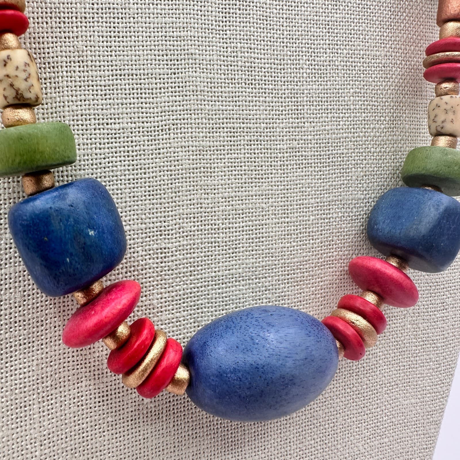 Vintage 90s Wooden Beaded Necklace Geometric Statement Women's Classic Jewelry - Thumbnail 4