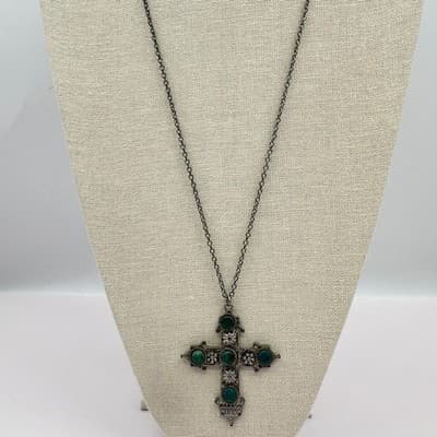 Vintage 90s Silver Tone Turquoise Cross Pendant Necklace Women's Fashion Jewelry - Thumbnail 4