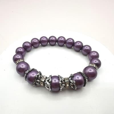 Vintage 90s Silver Tone Purple Faux Pearl Beaded Bracelet Women's Jewelry