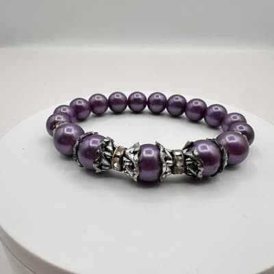 Vintage 90s Silver Tone Purple Faux Pearl Beaded Bracelet Women's Jewelry - Thumbnail 2