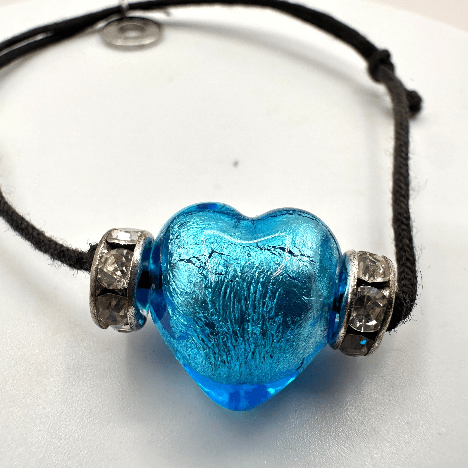 Vintage Y2K Silver Tone Blue Glass Heart Cord Bracelet Women's Classic Jewelry - Thumbnail 3