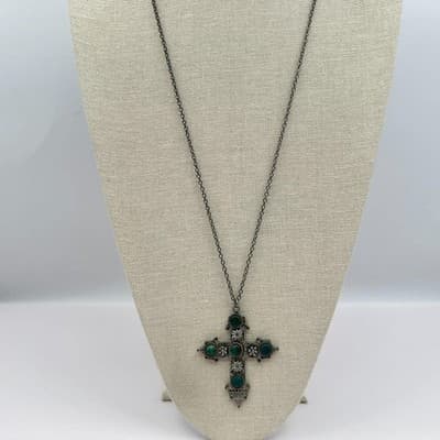 Vintage 90s Silver Tone Turquoise Cross Pendant Necklace Women's Fashion Jewelry - Thumbnail 7