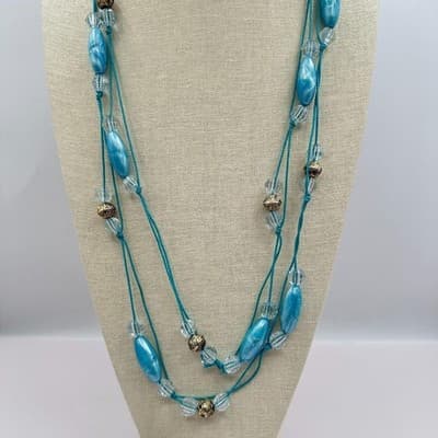 Vintage Y2K Teal Blue Beaded Necklace Boho Cord Statement Women's Jewelry - Thumbnail 6