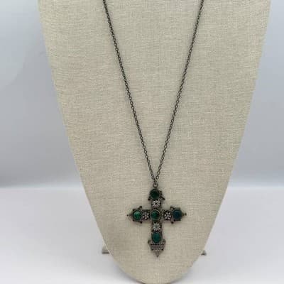 Vintage 90s Silver Tone Turquoise Cross Pendant Necklace Women's Fashion Jewelry - Thumbnail 6