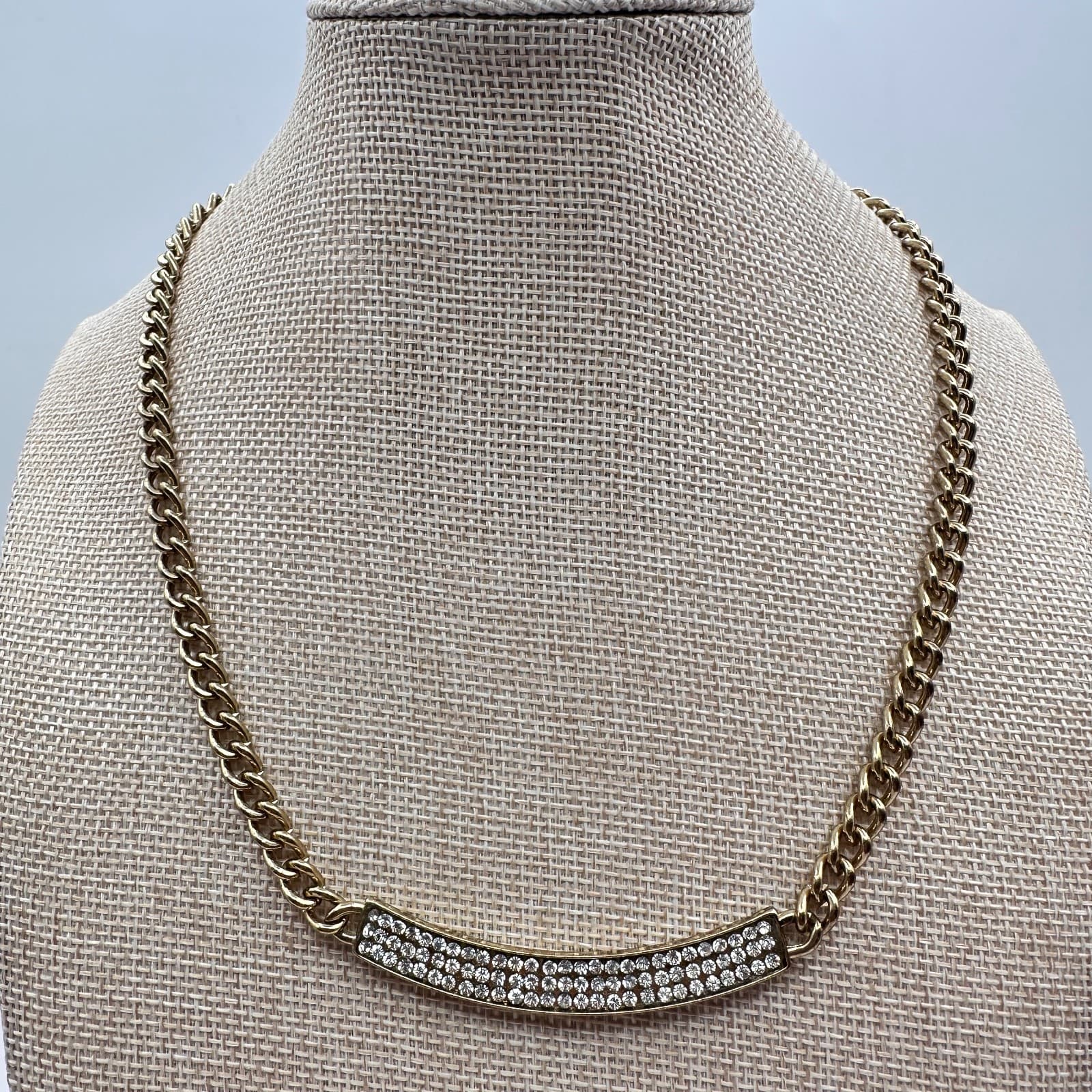 Vintage Y2K Gold Tone Clear Rhinestone Curb Chain Necklace Boho Women's Jewelry