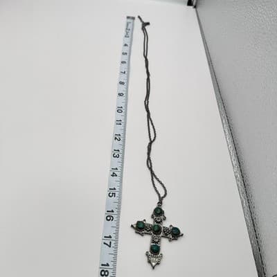 Vintage 90s Silver Tone Turquoise Cross Pendant Necklace Women's Fashion Jewelry - Thumbnail 9