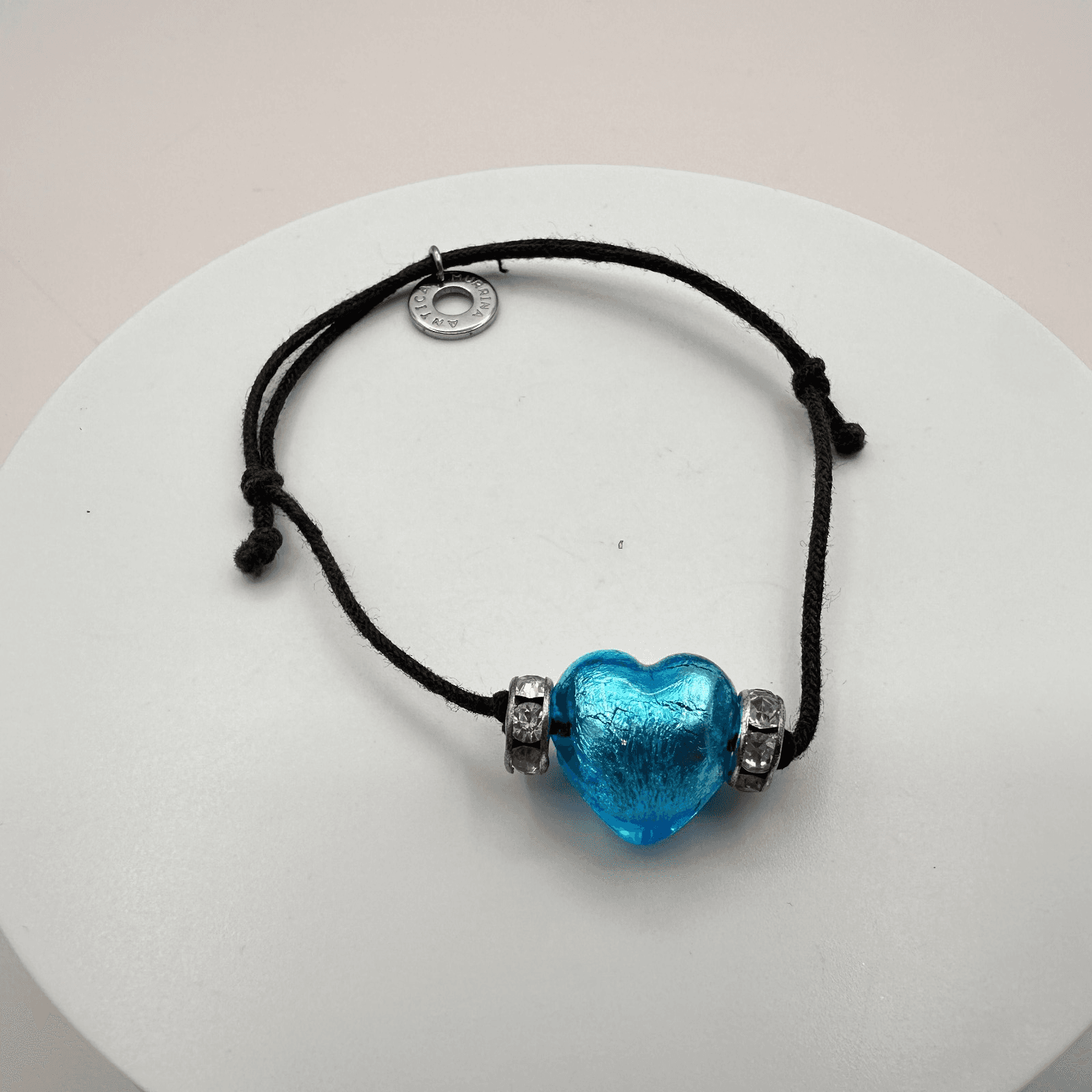 Vintage Y2K Silver Tone Blue Glass Heart Cord Bracelet Women's Classic Jewelry - Thumbnail 2