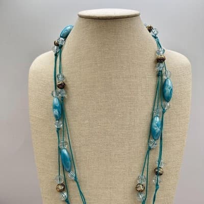 Vintage Y2K Teal Blue Beaded Necklace Boho Cord Statement Women's Jewelry - Thumbnail 3