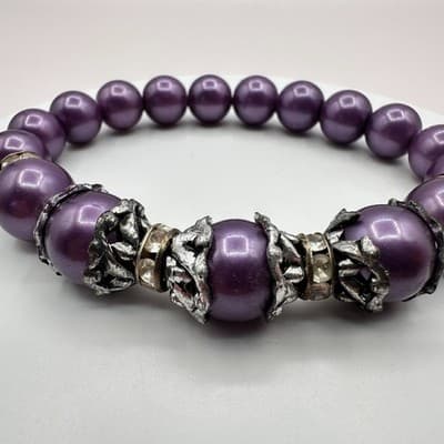 Vintage 90s Silver Tone Purple Faux Pearl Beaded Bracelet Women's Jewelry - Thumbnail 4