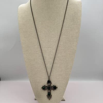 Vintage 90s Silver Tone Turquoise Cross Pendant Necklace Women's Fashion Jewelry - Thumbnail 3