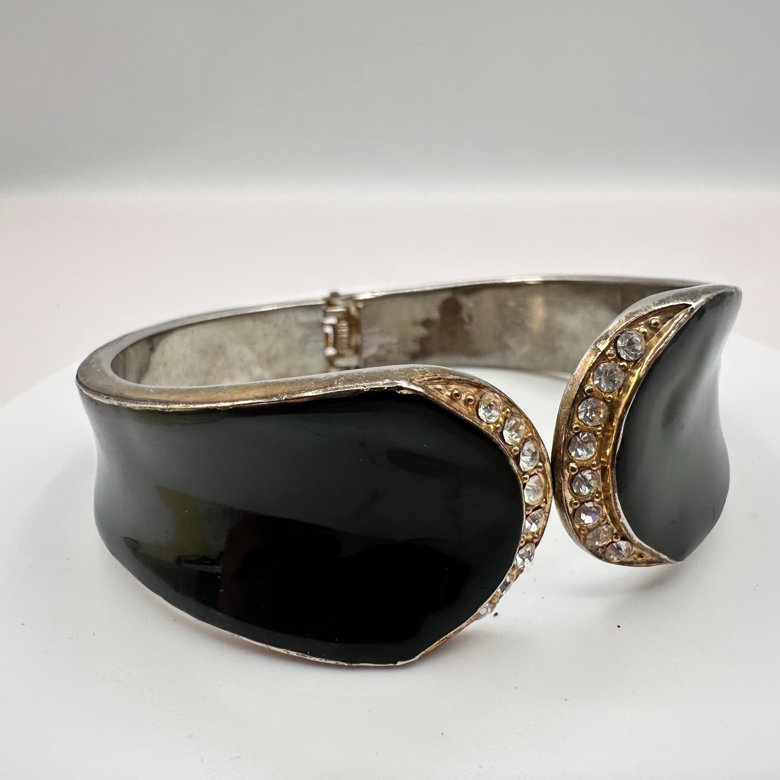 Vintage Y2K Black Enamel Cuff Bracelet Silver Tone Rhinestone Statement Jewelry - Thumbnail 4