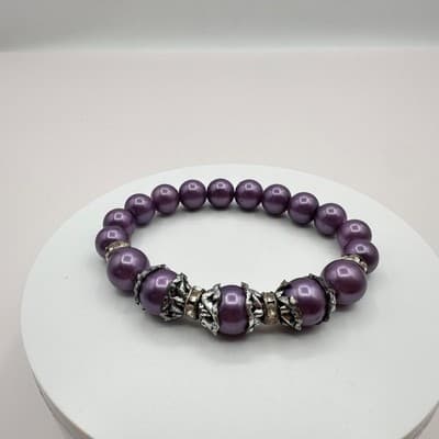 Vintage 90s Silver Tone Purple Faux Pearl Beaded Bracelet Women's Jewelry - Thumbnail 3
