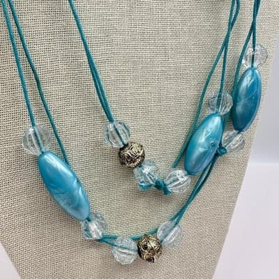 Vintage Y2K Teal Blue Beaded Necklace Boho Cord Statement Women's Jewelry - Thumbnail 5