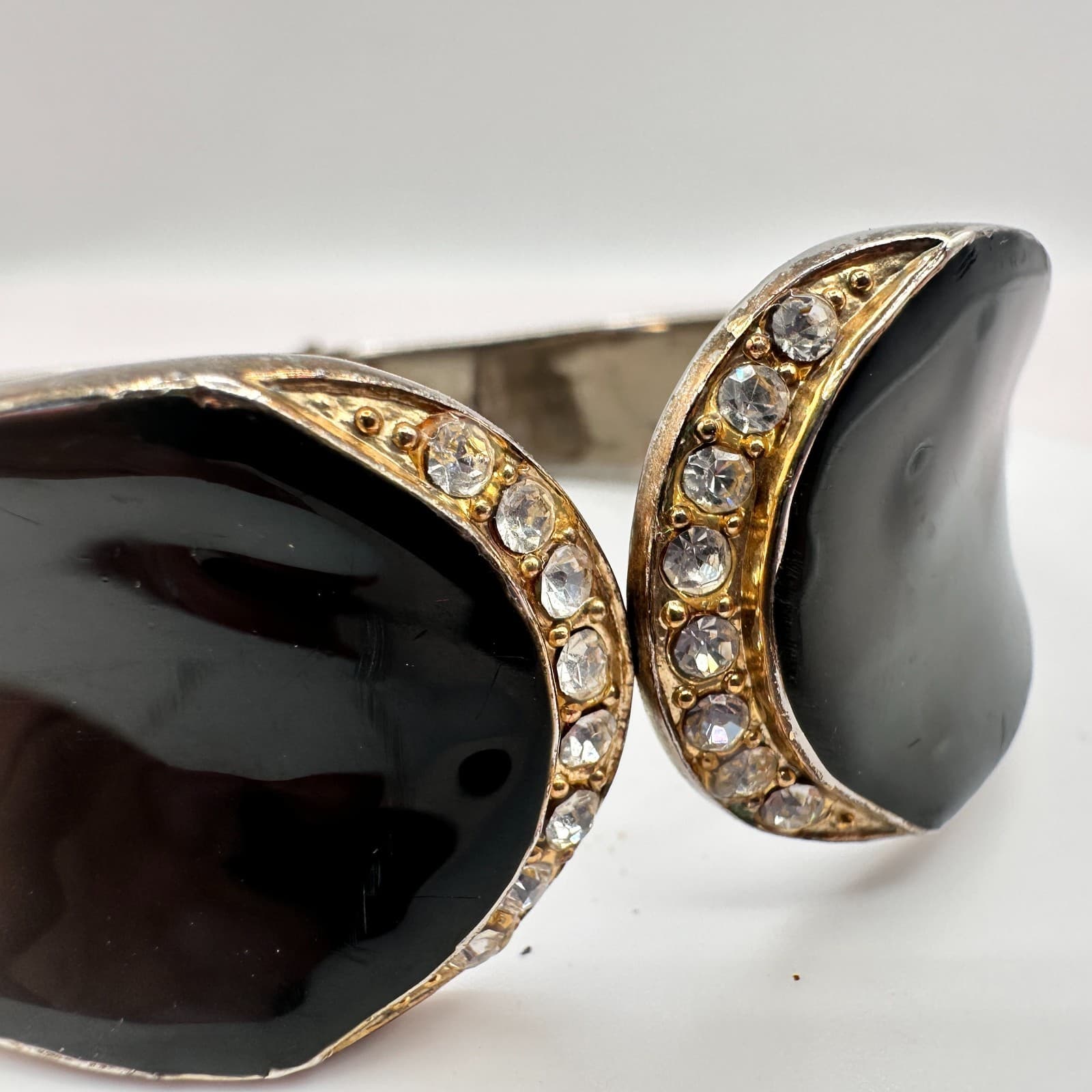 Vintage Y2K Black Enamel Cuff Bracelet Silver Tone Rhinestone Statement Jewelry - Thumbnail 3